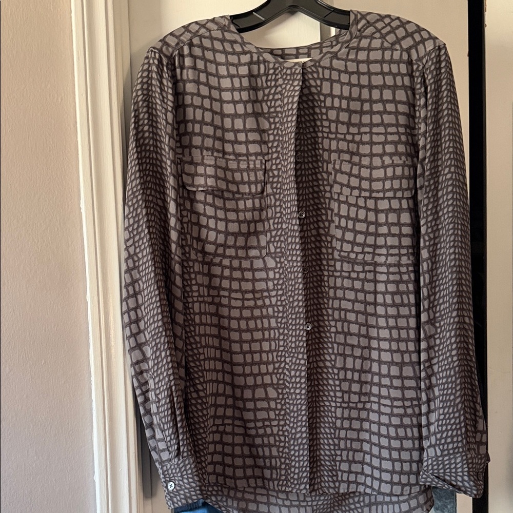 Equipment Gray Patterned Long Sleeve Silk Blouse